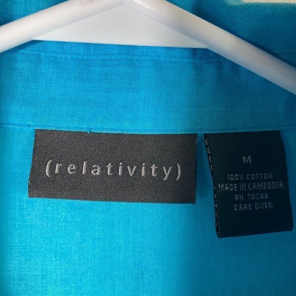 Womens Relativity Button Shirt Sheer Cotton Blue Teal 3/4 Ruffle Sleeve M - Picture 7 of 7